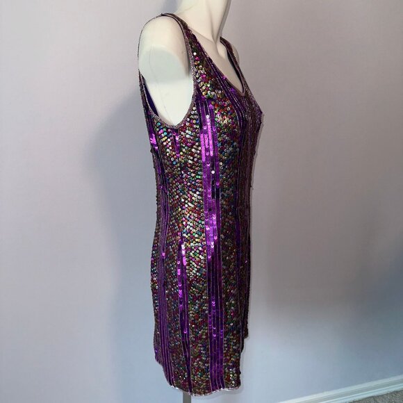 Vtg 90s Annabelle Purple Rainbow Sequin Mini Dress Sleeveless Silk Size Large - Picture 2 of 6